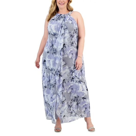 Plus-size 14W Beaded Halter Floral Maxi-length Gown • Metallic Accents - NWT - Picture 1 of 9